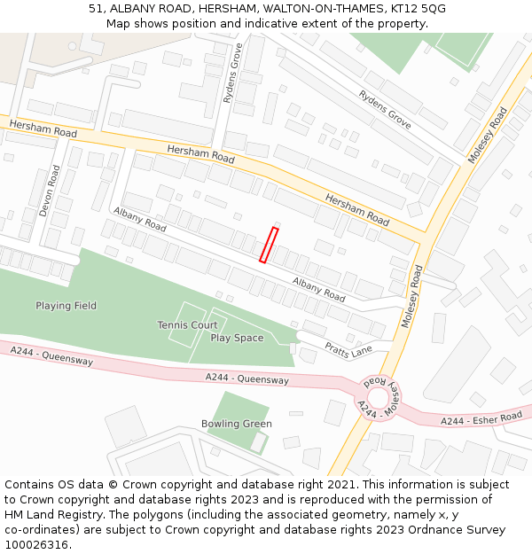 51, ALBANY ROAD, HERSHAM, WALTON-ON-THAMES, KT12 5QG: Location map and indicative extent of plot