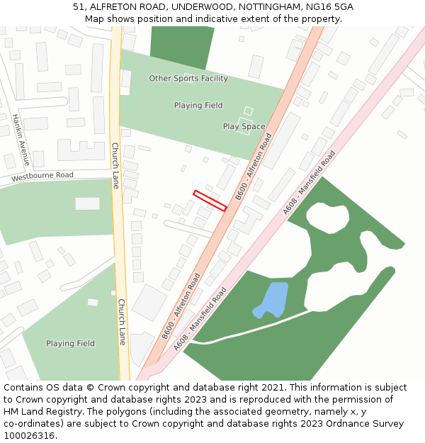 51, ALFRETON ROAD, UNDERWOOD, NOTTINGHAM, NG16 5GA: Location map and indicative extent of plot