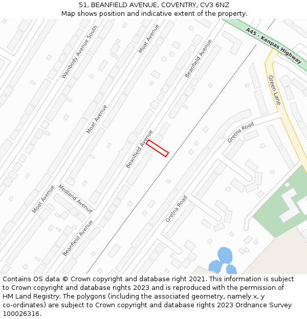 51, BEANFIELD AVENUE, COVENTRY, CV3 6NZ: Location map and indicative extent of plot