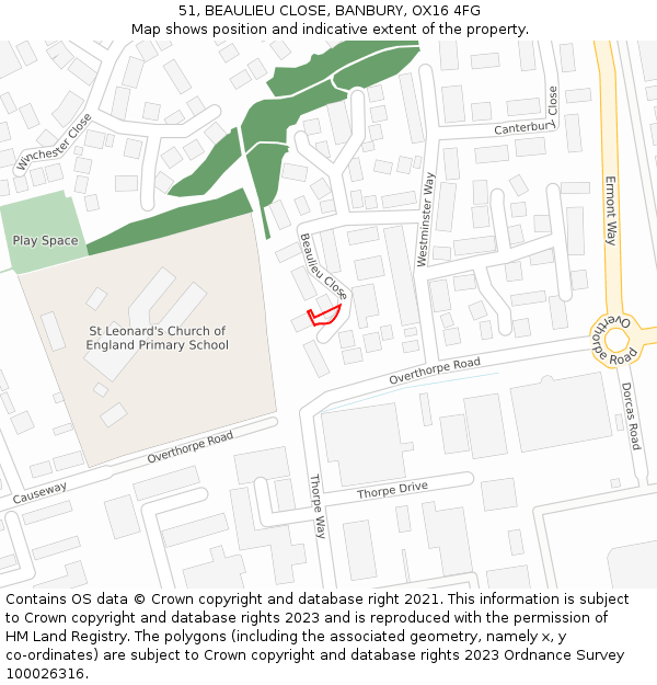 51, BEAULIEU CLOSE, BANBURY, OX16 4FG: Location map and indicative extent of plot