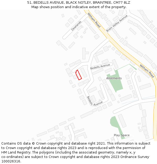 51, BEDELLS AVENUE, BLACK NOTLEY, BRAINTREE, CM77 8LZ: Location map and indicative extent of plot