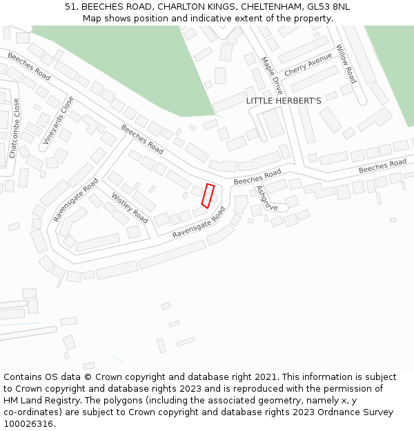 51, BEECHES ROAD, CHARLTON KINGS, CHELTENHAM, GL53 8NL: Location map and indicative extent of plot