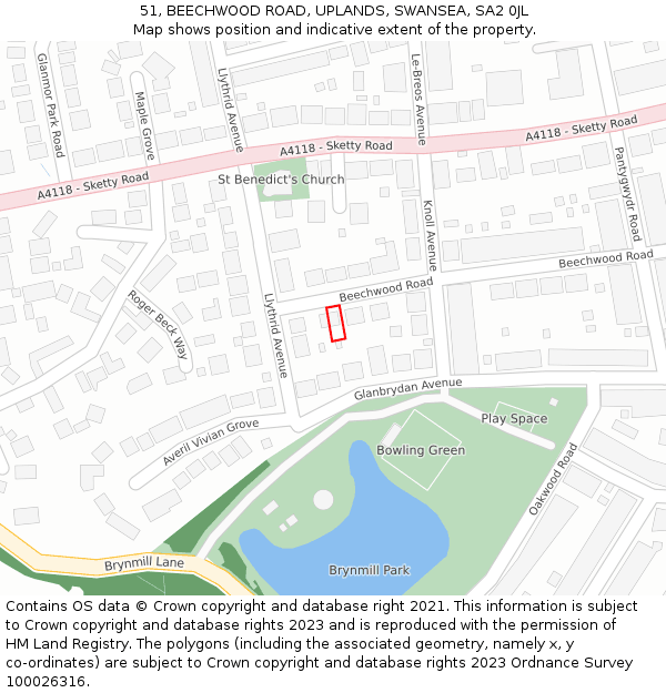 51, BEECHWOOD ROAD, UPLANDS, SWANSEA, SA2 0JL: Location map and indicative extent of plot