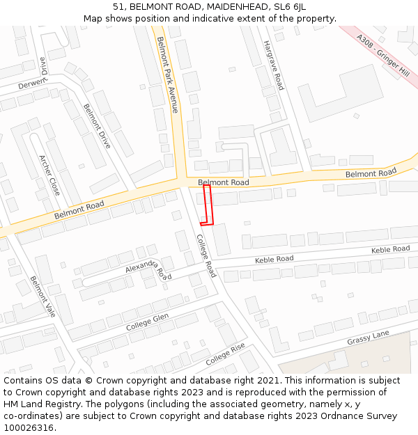 51, BELMONT ROAD, MAIDENHEAD, SL6 6JL: Location map and indicative extent of plot