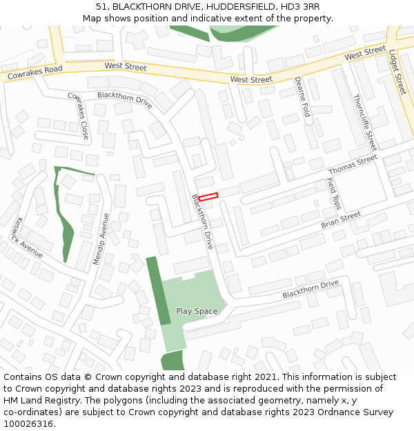 51, BLACKTHORN DRIVE, HUDDERSFIELD, HD3 3RR: Location map and indicative extent of plot