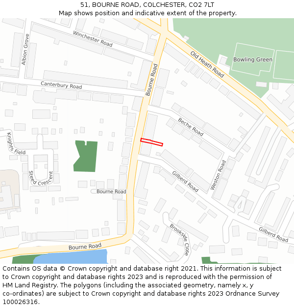 51, BOURNE ROAD, COLCHESTER, CO2 7LT: Location map and indicative extent of plot