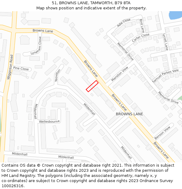 51, BROWNS LANE, TAMWORTH, B79 8TA: Location map and indicative extent of plot