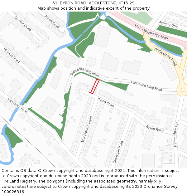 51, BYRON ROAD, ADDLESTONE, KT15 2SJ: Location map and indicative extent of plot