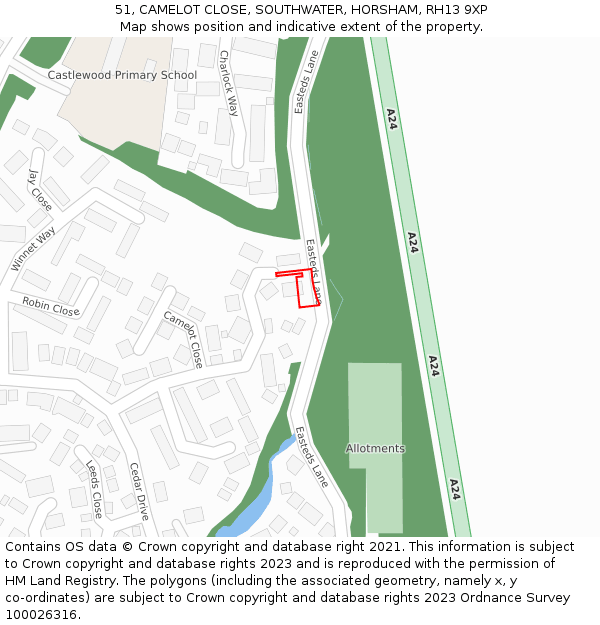 51, CAMELOT CLOSE, SOUTHWATER, HORSHAM, RH13 9XP: Location map and indicative extent of plot