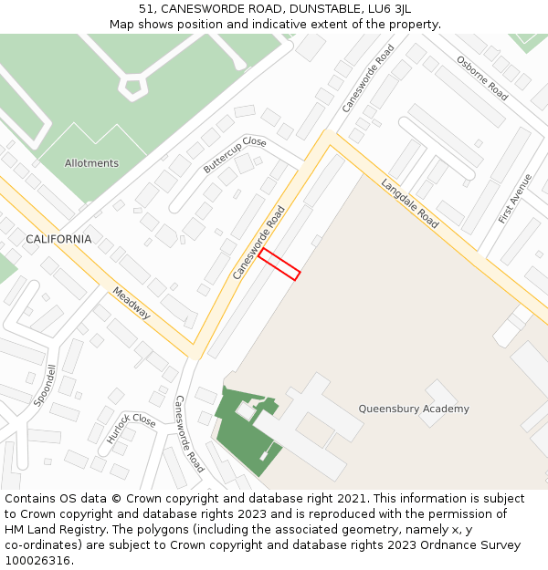 51, CANESWORDE ROAD, DUNSTABLE, LU6 3JL: Location map and indicative extent of plot