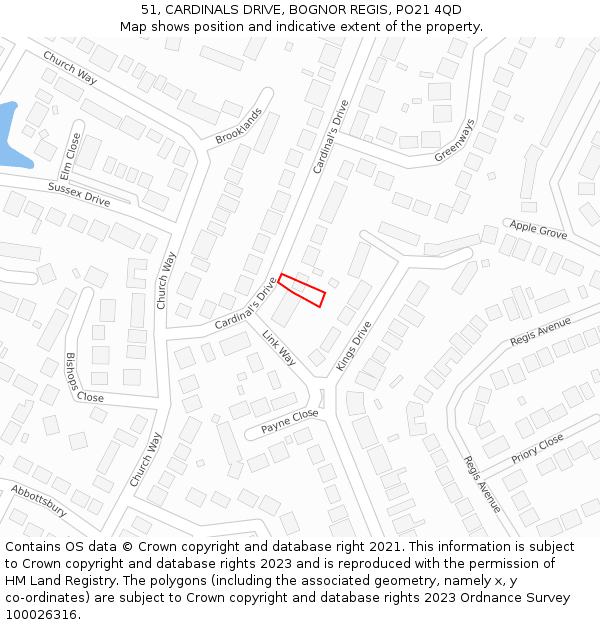 51, CARDINALS DRIVE, BOGNOR REGIS, PO21 4QD: Location map and indicative extent of plot