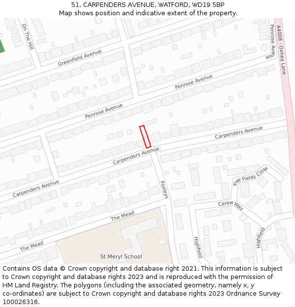 51, CARPENDERS AVENUE, WATFORD, WD19 5BP: Location map and indicative extent of plot