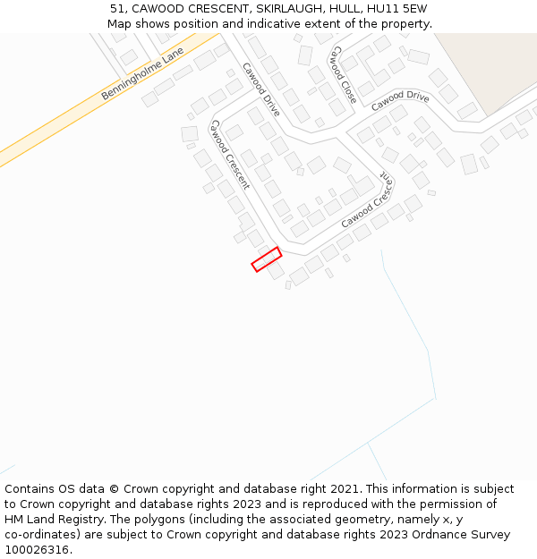 51, CAWOOD CRESCENT, SKIRLAUGH, HULL, HU11 5EW: Location map and indicative extent of plot