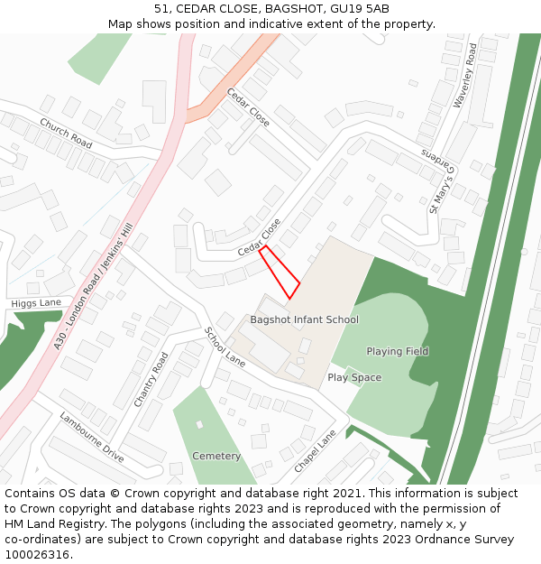 51, CEDAR CLOSE, BAGSHOT, GU19 5AB: Location map and indicative extent of plot