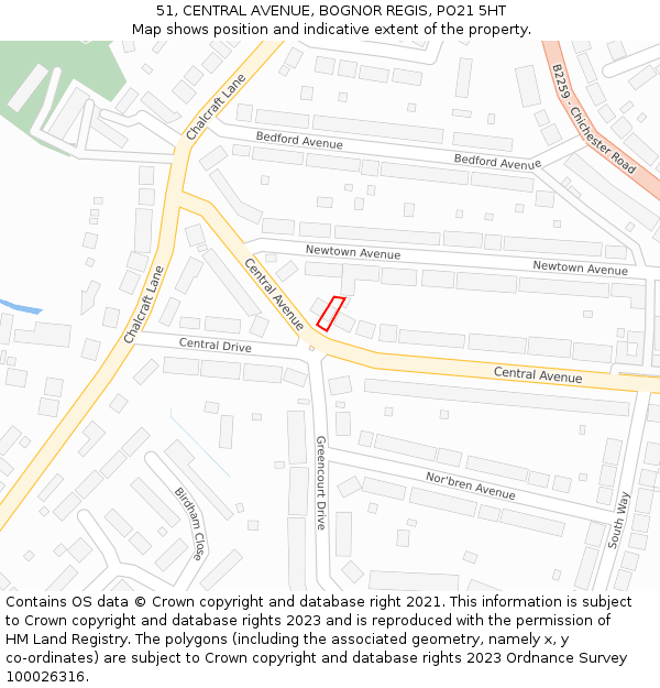 51, CENTRAL AVENUE, BOGNOR REGIS, PO21 5HT: Location map and indicative extent of plot