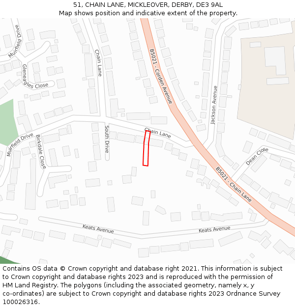 51, CHAIN LANE, MICKLEOVER, DERBY, DE3 9AL: Location map and indicative extent of plot