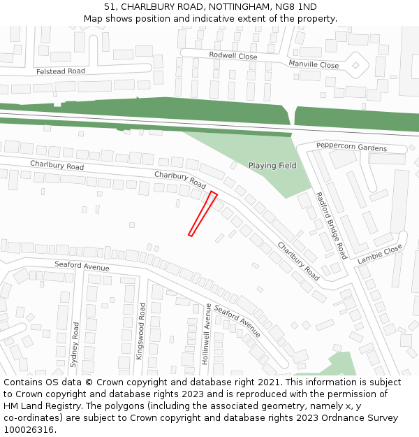 51, CHARLBURY ROAD, NOTTINGHAM, NG8 1ND: Location map and indicative extent of plot