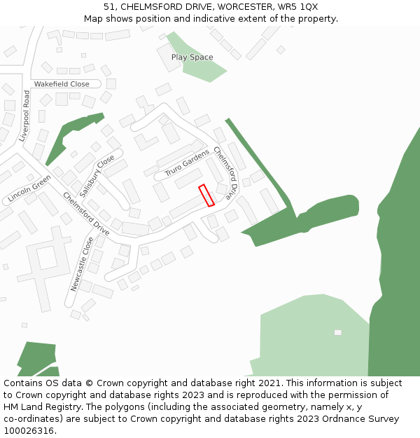 51, CHELMSFORD DRIVE, WORCESTER, WR5 1QX: Location map and indicative extent of plot