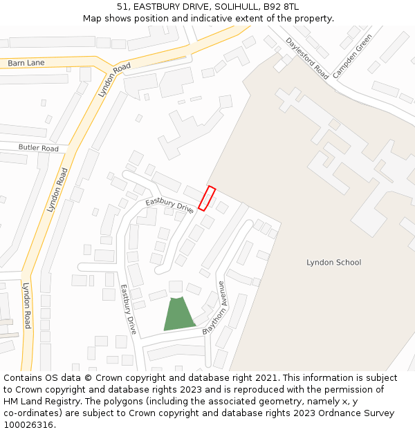 51, EASTBURY DRIVE, SOLIHULL, B92 8TL: Location map and indicative extent of plot