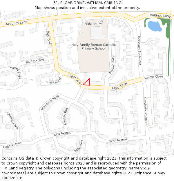 51, ELGAR DRIVE, WITHAM, CM8 1NG: Location map and indicative extent of plot