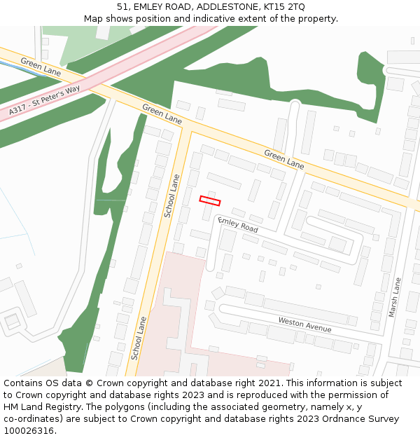 51, EMLEY ROAD, ADDLESTONE, KT15 2TQ: Location map and indicative extent of plot
