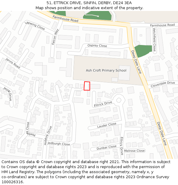 51, ETTRICK DRIVE, SINFIN, DERBY, DE24 3EA: Location map and indicative extent of plot