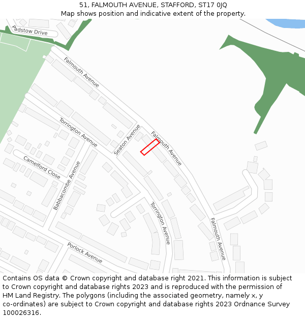 51, FALMOUTH AVENUE, STAFFORD, ST17 0JQ: Location map and indicative extent of plot