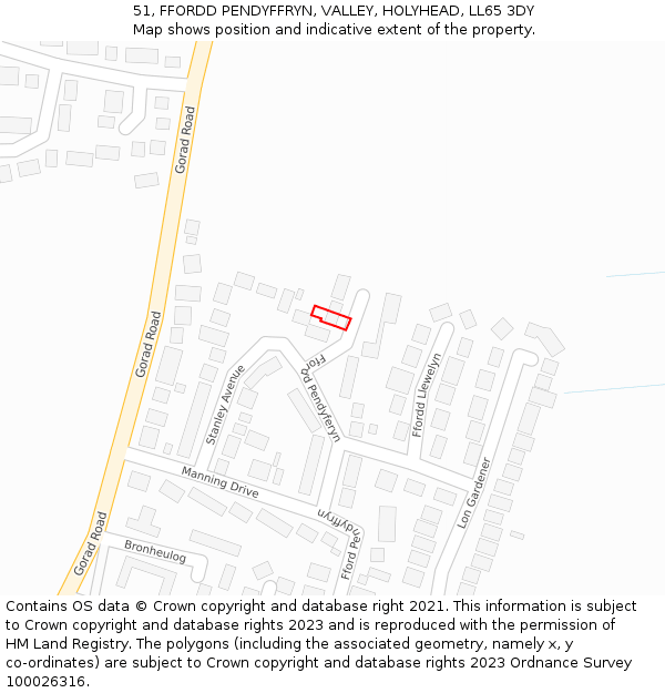 51, FFORDD PENDYFFRYN, VALLEY, HOLYHEAD, LL65 3DY: Location map and indicative extent of plot