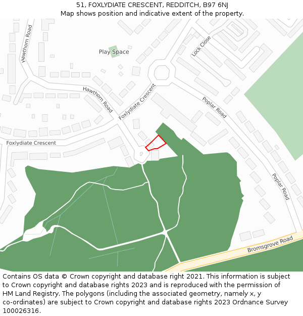 51, FOXLYDIATE CRESCENT, REDDITCH, B97 6NJ: Location map and indicative extent of plot