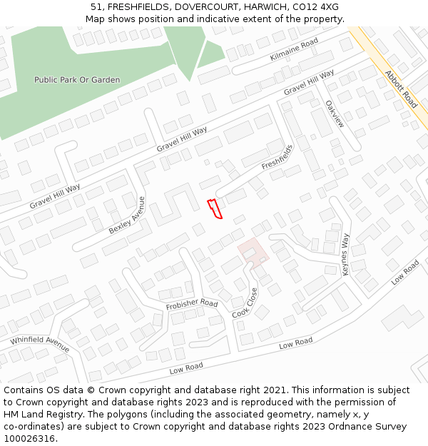 51, FRESHFIELDS, DOVERCOURT, HARWICH, CO12 4XG: Location map and indicative extent of plot