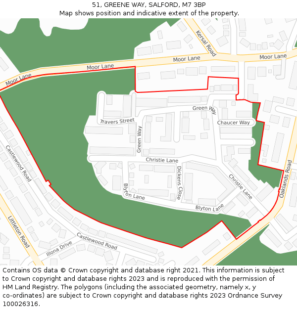 51, GREENE WAY, SALFORD, M7 3BP: Location map and indicative extent of plot