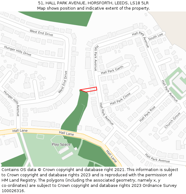 51, HALL PARK AVENUE, HORSFORTH, LEEDS, LS18 5LR: Location map and indicative extent of plot