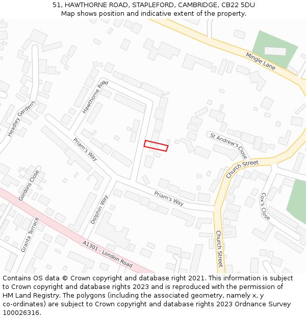 51, HAWTHORNE ROAD, STAPLEFORD, CAMBRIDGE, CB22 5DU: Location map and indicative extent of plot