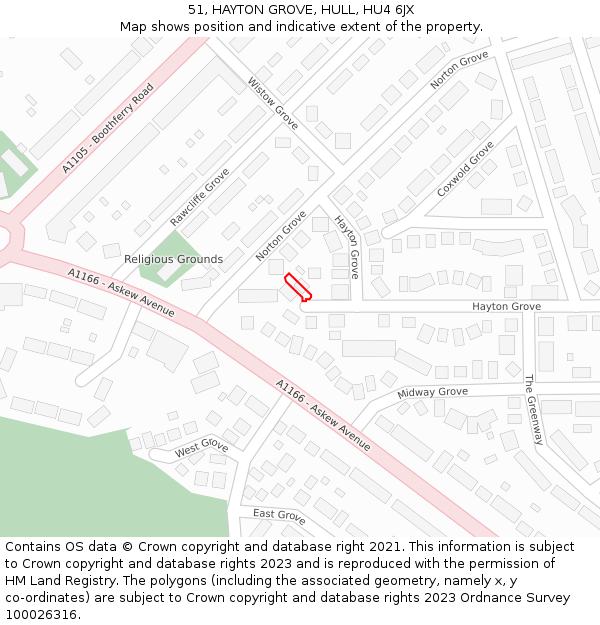 51, HAYTON GROVE, HULL, HU4 6JX: Location map and indicative extent of plot