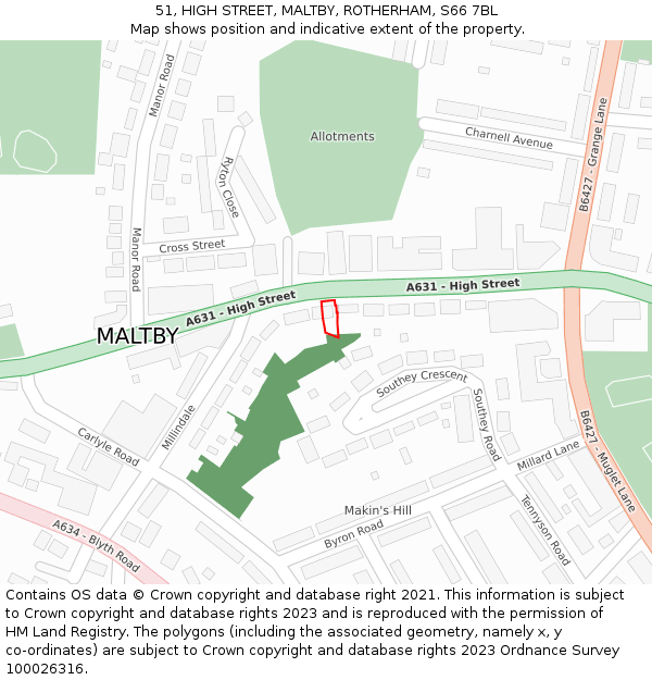 51, HIGH STREET, MALTBY, ROTHERHAM, S66 7BL: Location map and indicative extent of plot