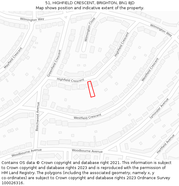 51, HIGHFIELD CRESCENT, BRIGHTON, BN1 8JD: Location map and indicative extent of plot