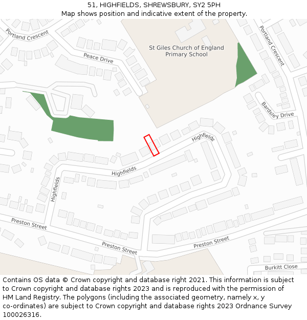 51, HIGHFIELDS, SHREWSBURY, SY2 5PH: Location map and indicative extent of plot