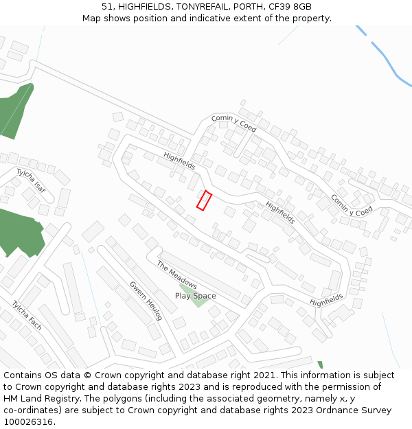 51, HIGHFIELDS, TONYREFAIL, PORTH, CF39 8GB: Location map and indicative extent of plot