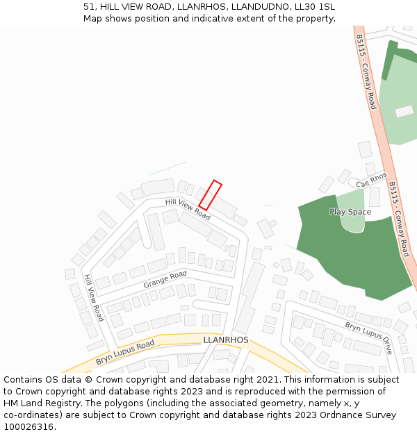 51, HILL VIEW ROAD, LLANRHOS, LLANDUDNO, LL30 1SL: Location map and indicative extent of plot