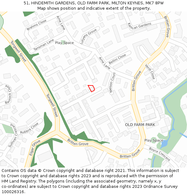 51, HINDEMITH GARDENS, OLD FARM PARK, MILTON KEYNES, MK7 8PW: Location map and indicative extent of plot