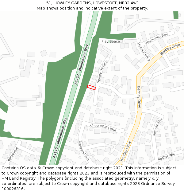 51, HOWLEY GARDENS, LOWESTOFT, NR32 4WF: Location map and indicative extent of plot