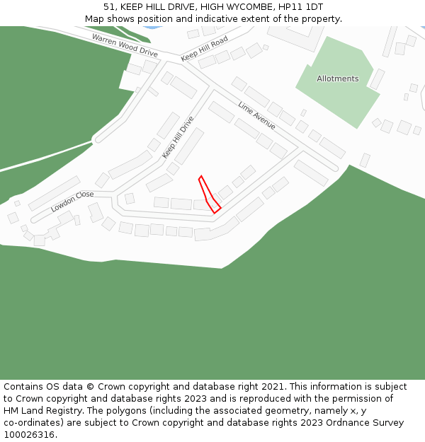 51, KEEP HILL DRIVE, HIGH WYCOMBE, HP11 1DT: Location map and indicative extent of plot