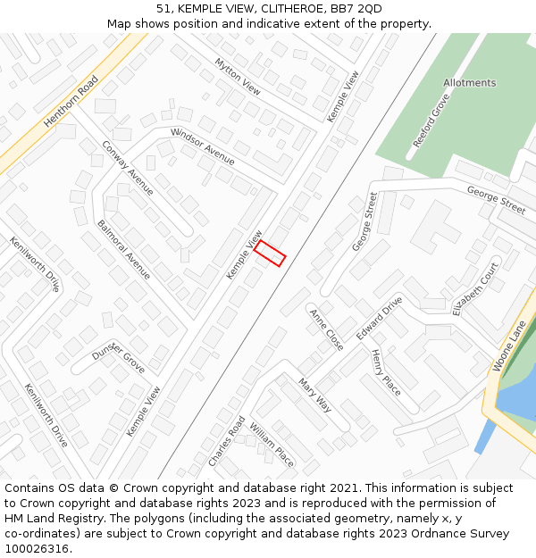 51, KEMPLE VIEW, CLITHEROE, BB7 2QD: Location map and indicative extent of plot
