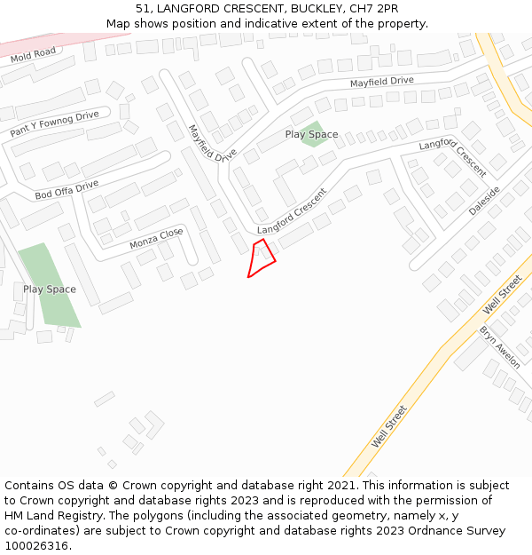 51, LANGFORD CRESCENT, BUCKLEY, CH7 2PR: Location map and indicative extent of plot