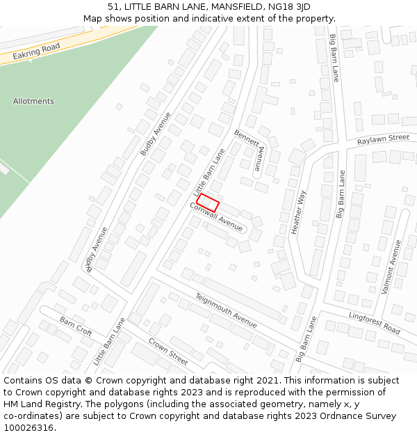 51, LITTLE BARN LANE, MANSFIELD, NG18 3JD: Location map and indicative extent of plot