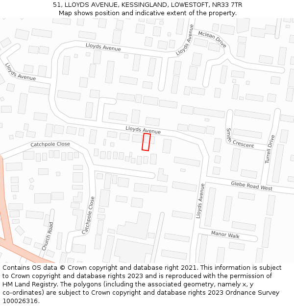 51, LLOYDS AVENUE, KESSINGLAND, LOWESTOFT, NR33 7TR: Location map and indicative extent of plot