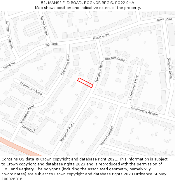 51, MANSFIELD ROAD, BOGNOR REGIS, PO22 9HA: Location map and indicative extent of plot