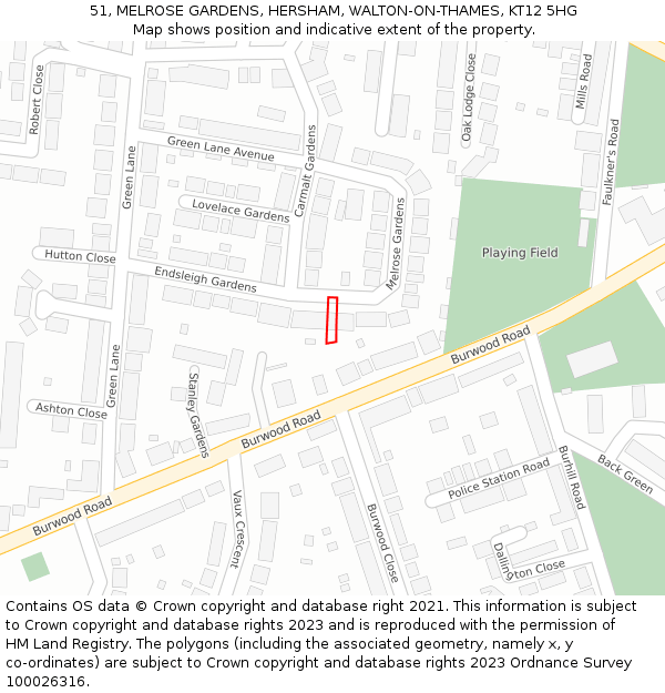51, MELROSE GARDENS, HERSHAM, WALTON-ON-THAMES, KT12 5HG: Location map and indicative extent of plot