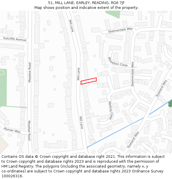 51, MILL LANE, EARLEY, READING, RG6 7JF: Location map and indicative extent of plot