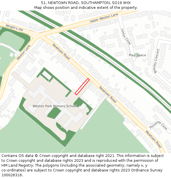 51, NEWTOWN ROAD, SOUTHAMPTON, SO19 9HX: Location map and indicative extent of plot